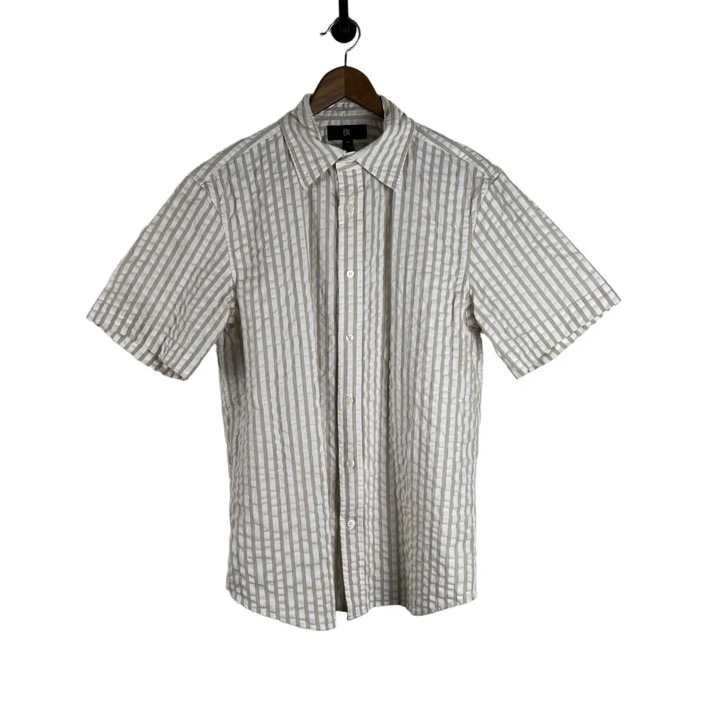 Banana Republic Shirt Medium Khaki White‎ Seersucker Camp Shirt Coastal Preppy